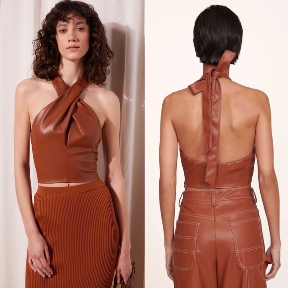 NWT STAUD 70s Vegan Leather Keyhole Twist Front Open Back Halter Tie Crop Top 10 - Picture 7 of 17